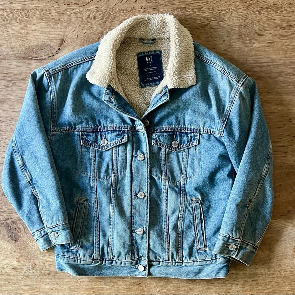 GAP Teen Oversized Denim Sherpa Jacket - Size 10 - Picture 6 of 9